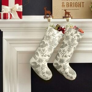 Redenvelope Embroidered Otomi Bird Christmas Stocking Set Neutral Gray
